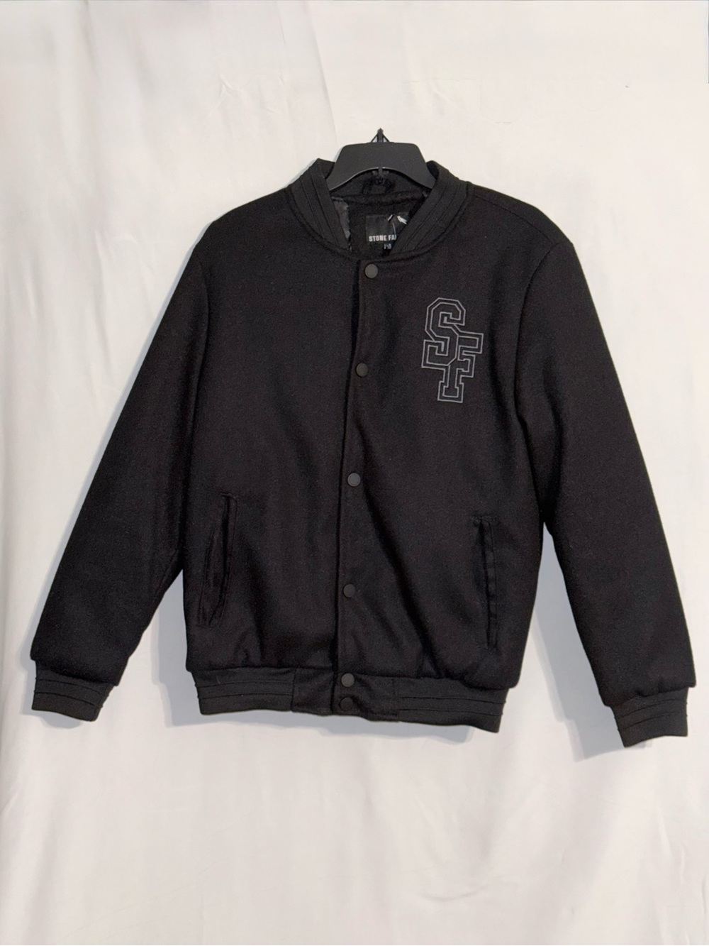 NWT Stone Falcon Black Varsity Bomber Jacket with SF Crest Size Small